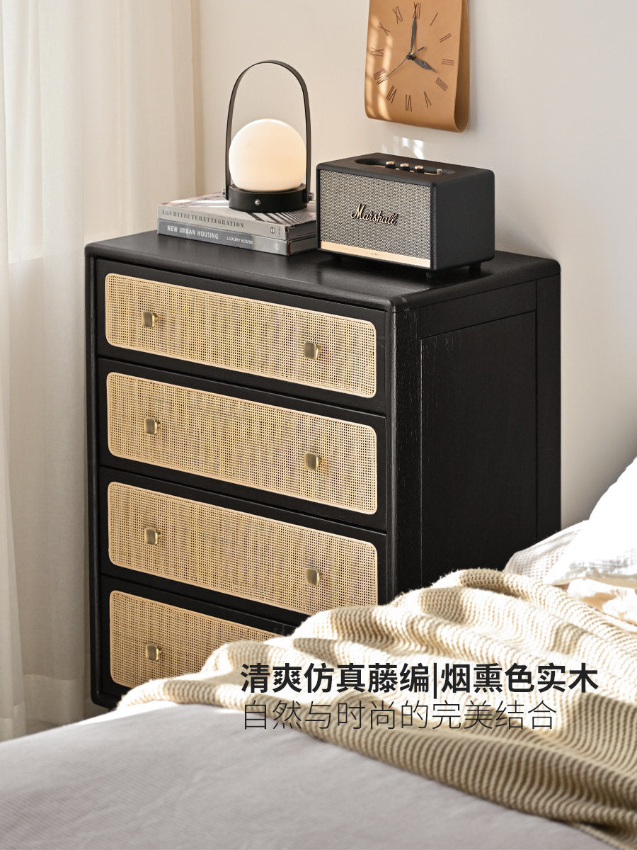 Solid wood chest of drawers, modern minimalist oak storage cabinet, bedroom black side cabinet with rattan accents